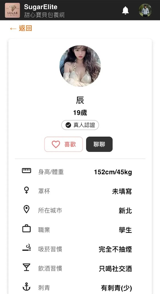 SugarLux 個人檔案頁:大頭照與基本資料、真人認證標章、喜歡/聊聊按鈕,以及身高體重、城市、職業等欄位